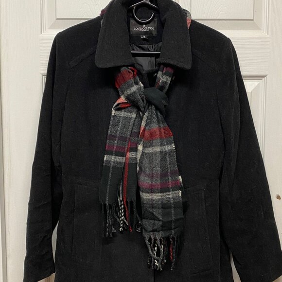 London Fog Coat with Scarf black Wool blend outer polyester liner Dry Clean only - Picture 3 of 8